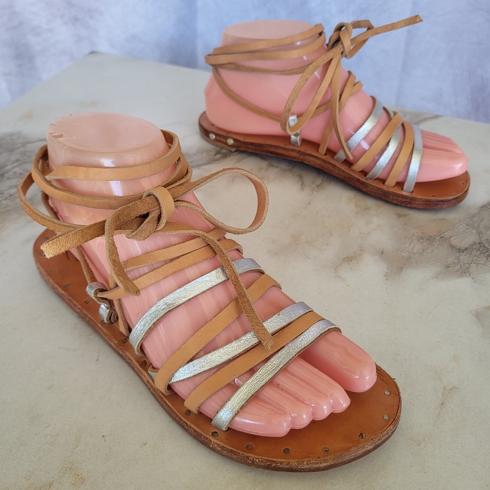 Beek Lace Up Ankle Strap Slip On Gladiator Sandals Size 6 Women's Tan/Silver